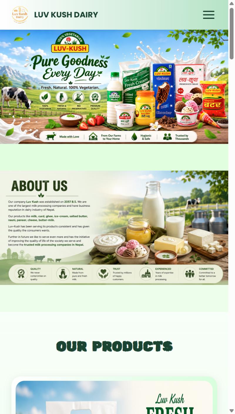 Screenshot of the Luv Kush Dairy website on a phone: a green navigation bar, a banner reading Pure Goodness Every Day with the dairy's products, and the About Us section.